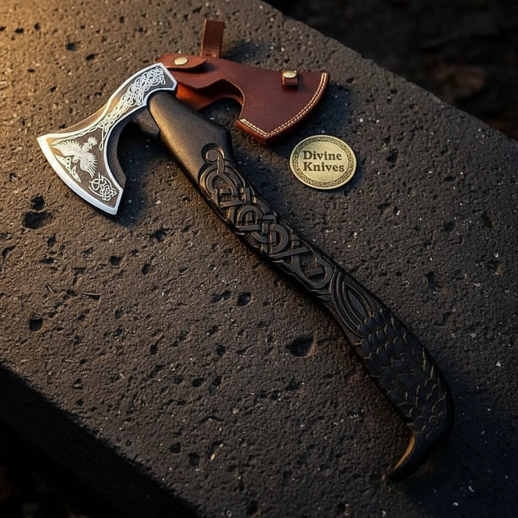 Raven Etched Viking Axe with Knotwork Carved Handle and Leather Sheath