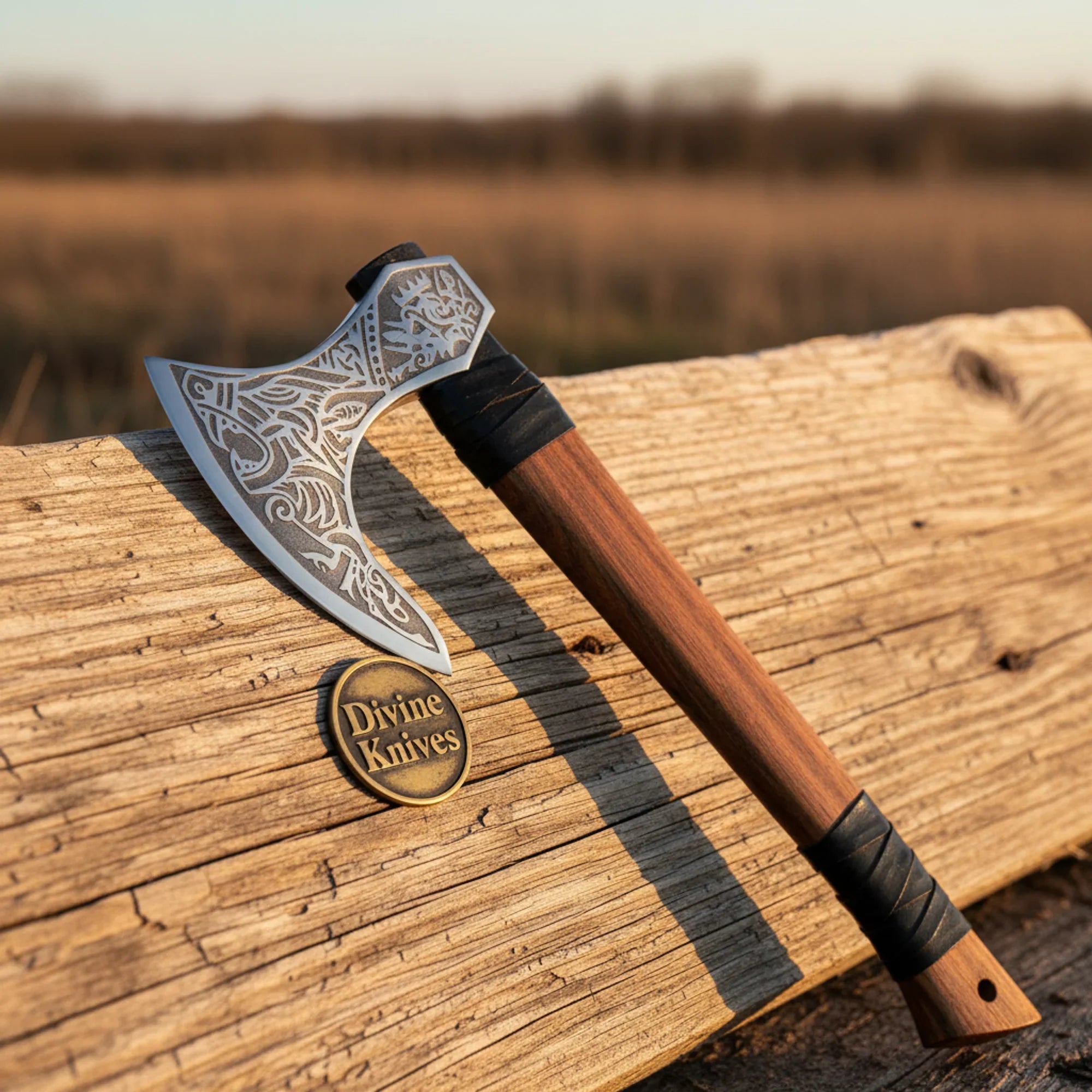 Warrior Etched Viking Axe with Cord Wrapped Wood Handle