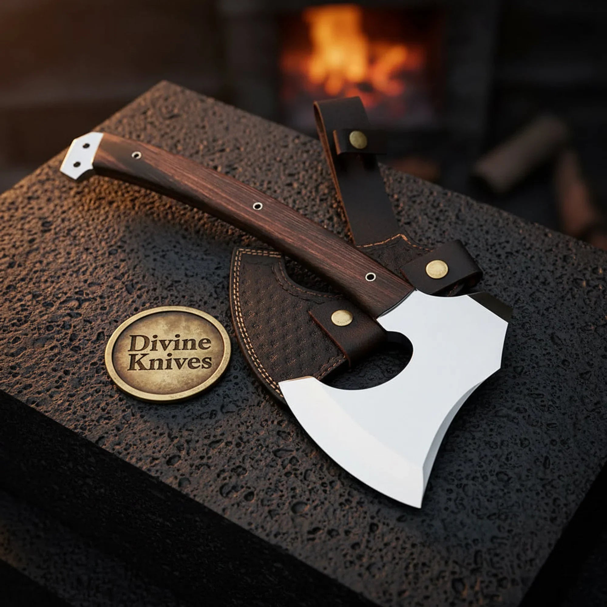 Cutout Eye Viking Axe with Wood Handle and Textured Leather Sheath