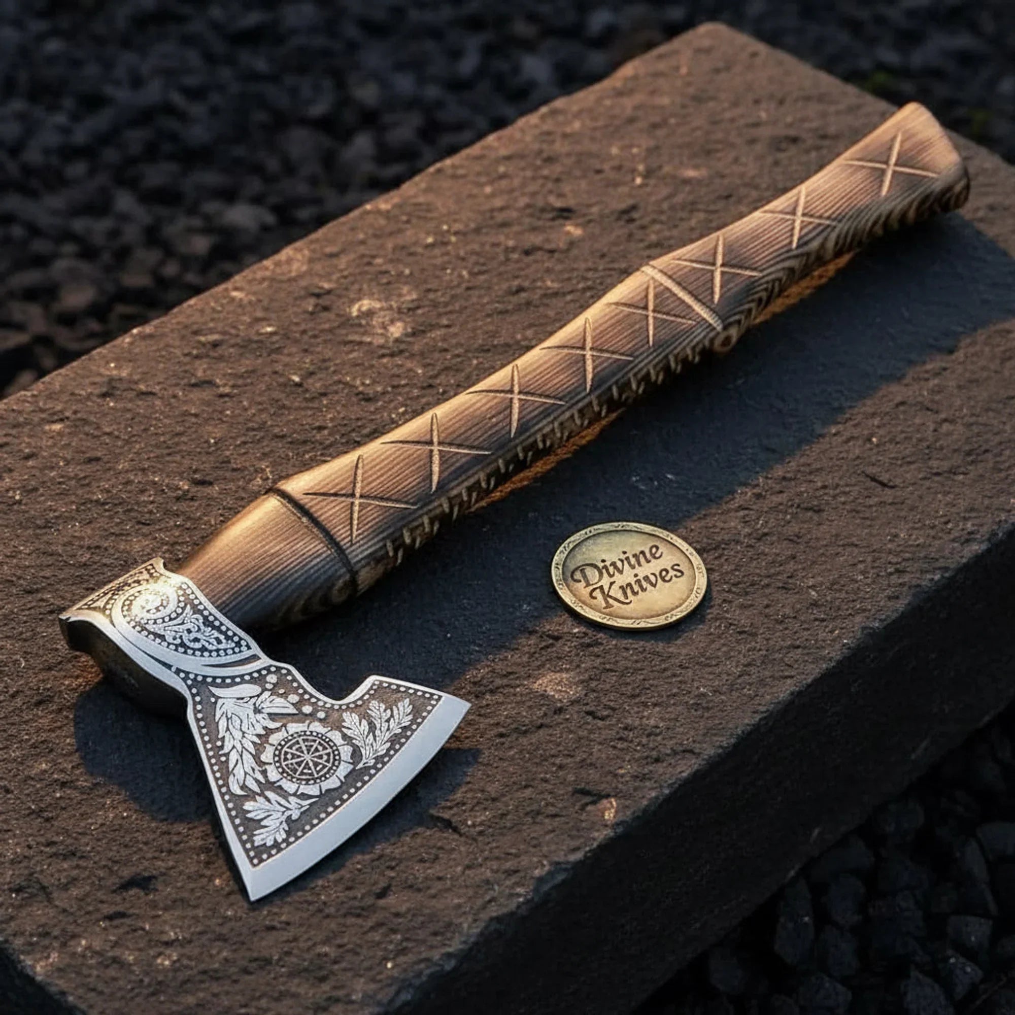 Floral Mandala Viking Axe with Carved Crosshatch Handle