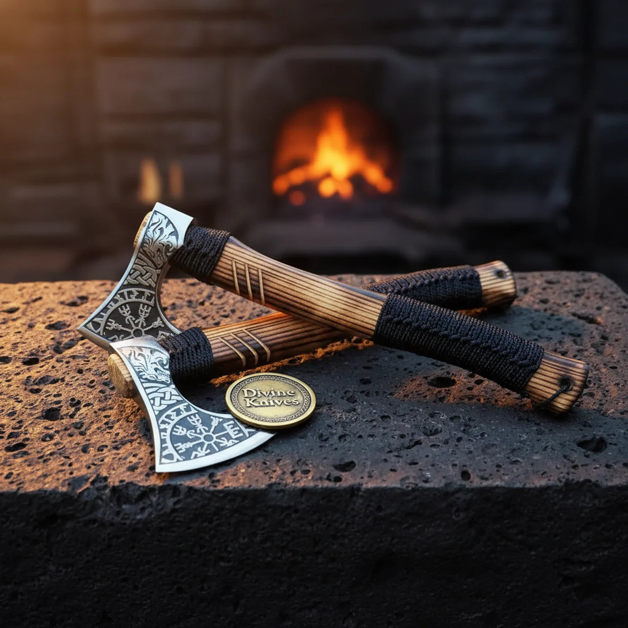 Double-Edged Vegvisir Viking Axe with Cord Wrapped Handle
