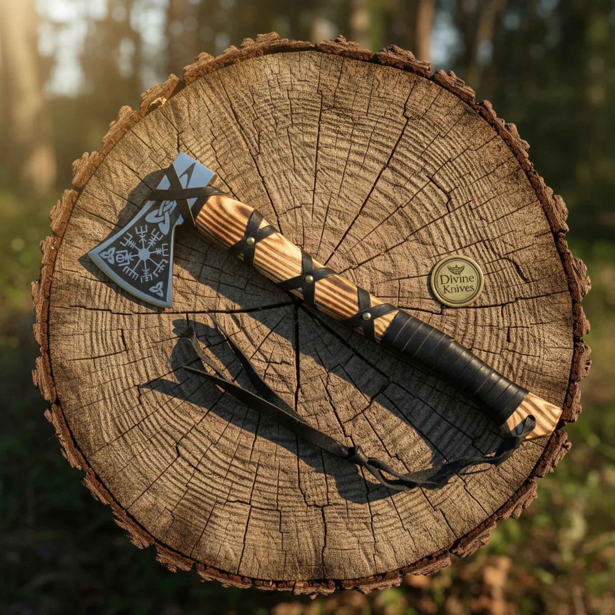 Vegvisir Compass Viking Axe with Leather Laced Handle