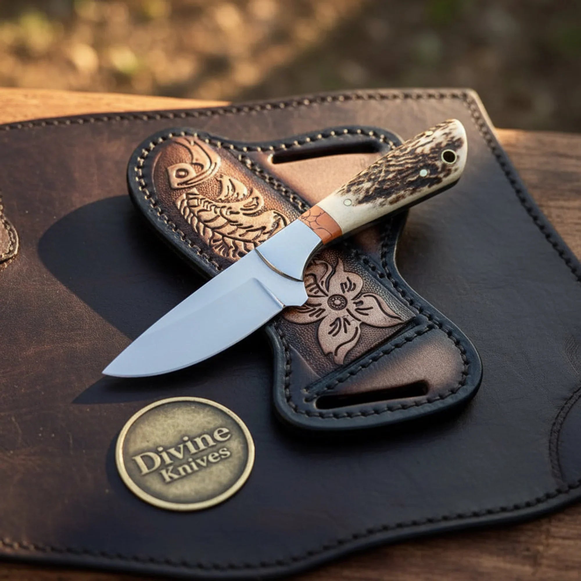 Leather-Wrapped Handle Damascus Bowie Knife for Outdoor Adventures