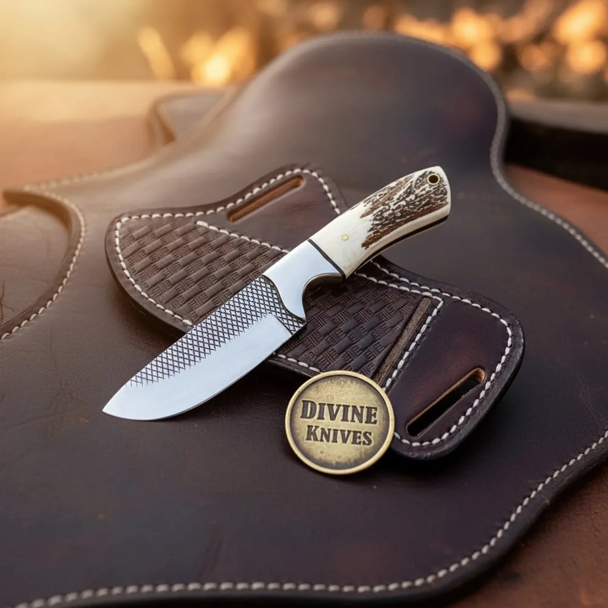 Stag Horn Cowboy Knife with Rasp Steel Blade & Basket-Weave Sheath