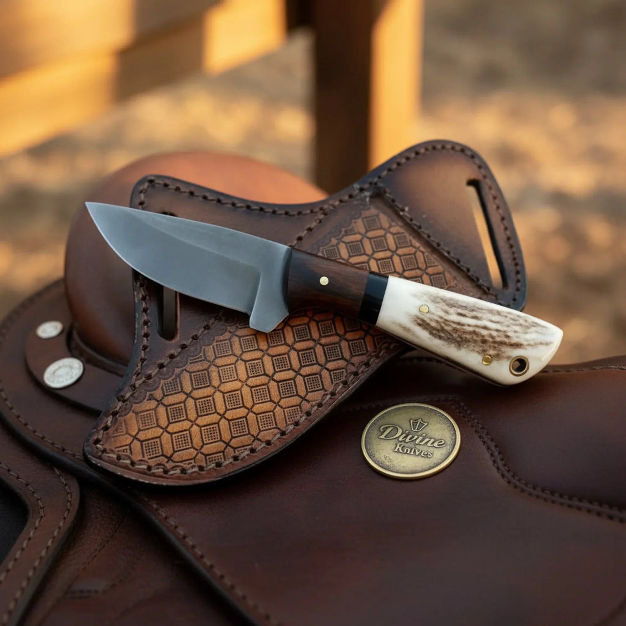 Acid-Washed Cowboy Knife with Stag Horn Handle & Honeycomb Sheath