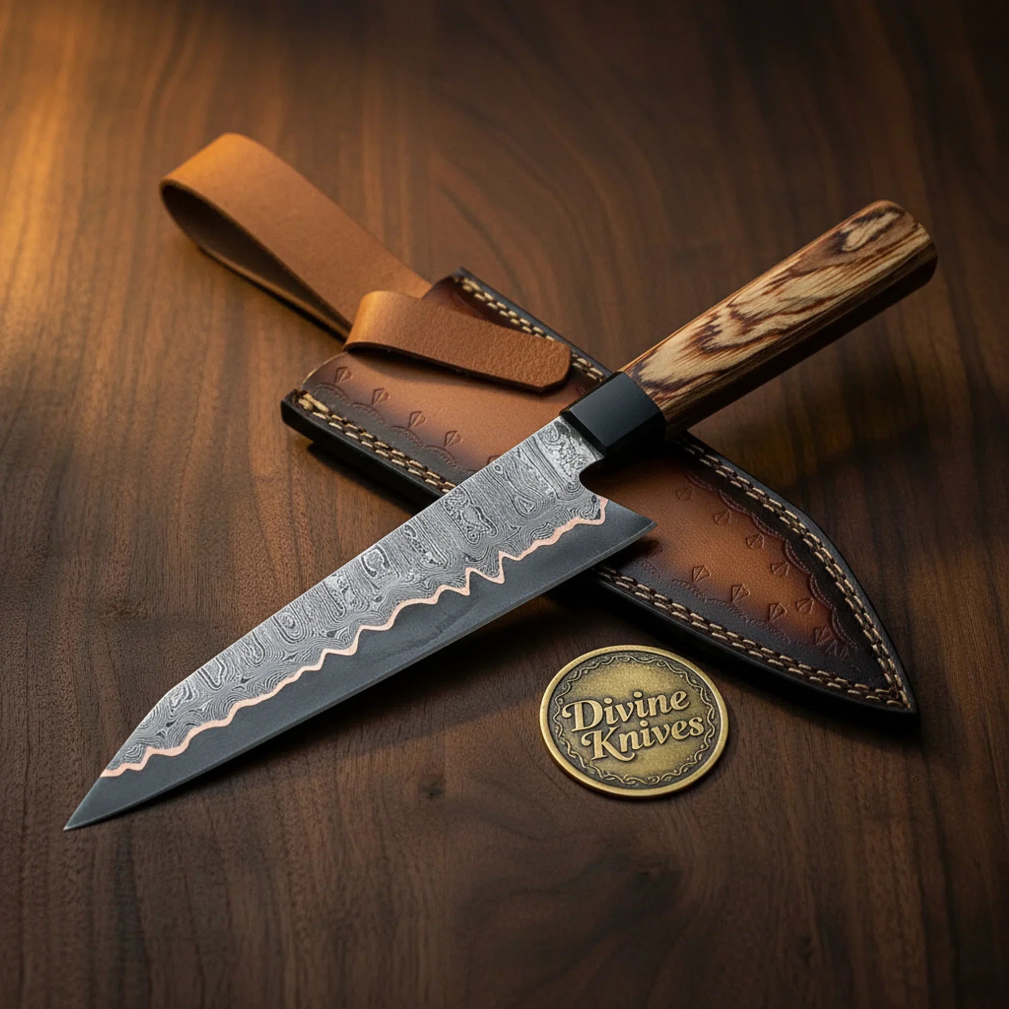 Wave Edge Stag Handle Chef Knife with Leather Sheath for Kitchen and Camp Use