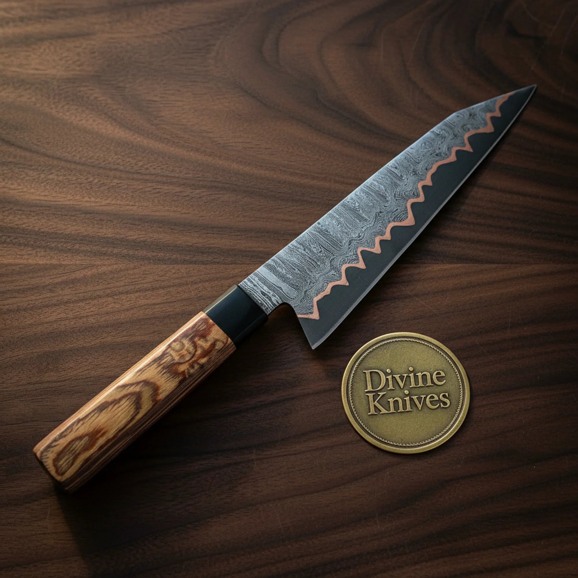 Wave Edge Stag Handle Chef Knife with Leather Sheath for Kitchen and Camp Use