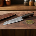 Dark Horn Handle Chef Knife with Wide Cutting Blade and Leather Sheath
