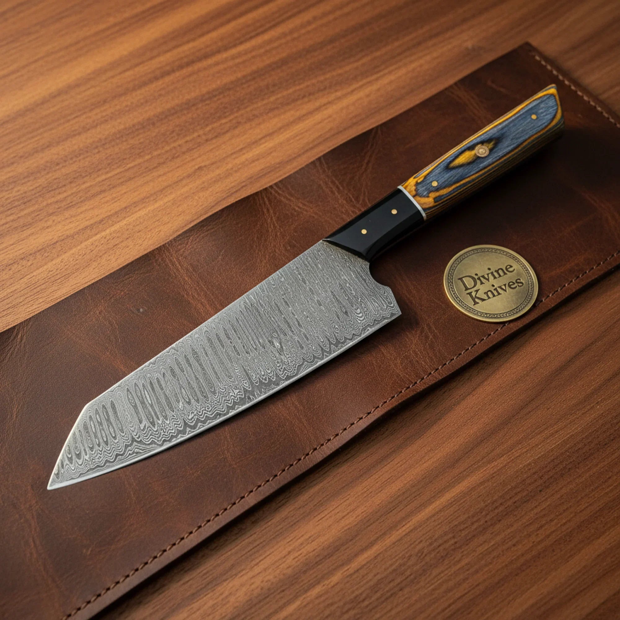 Blue Amber Handle Chef Knife with Hammered Blade Finish and Leather Sheath