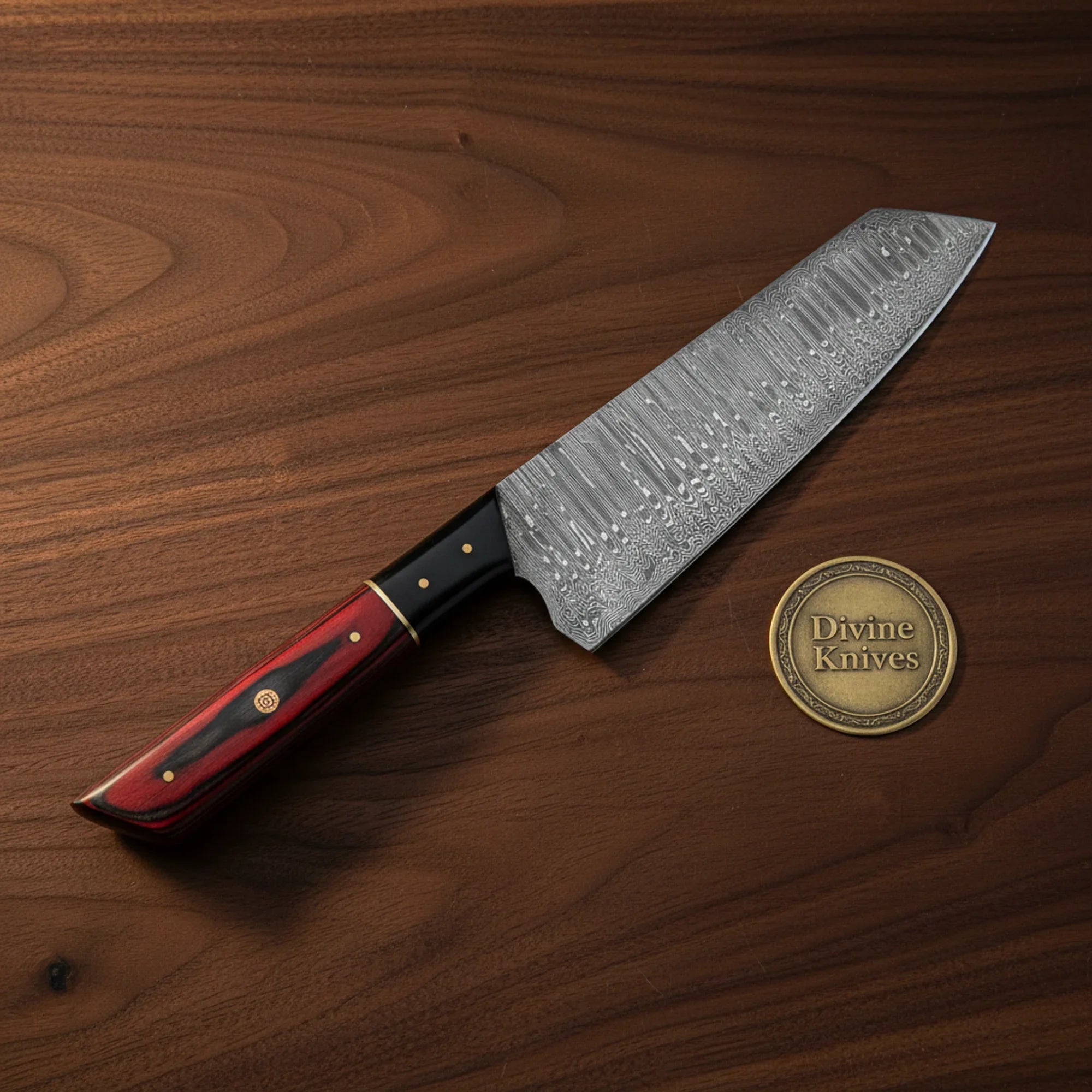 Red Black Handle Santoku Chef Knife with Brass Bolster for Controlled Cuts