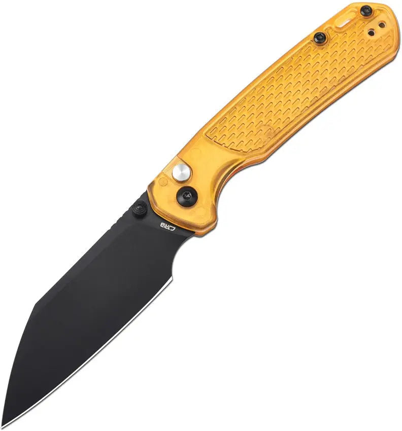 CJRB Pyrite Light Amber Button Lock Folding Knife
