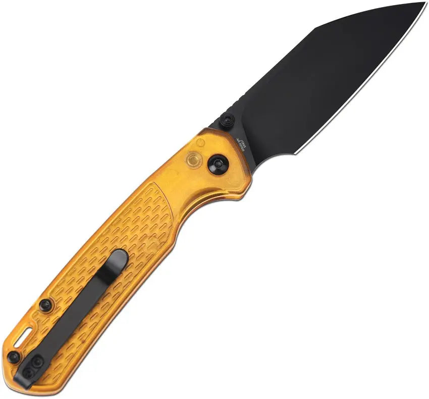 CJRB Pyrite Light Amber Button Lock Folding Knife