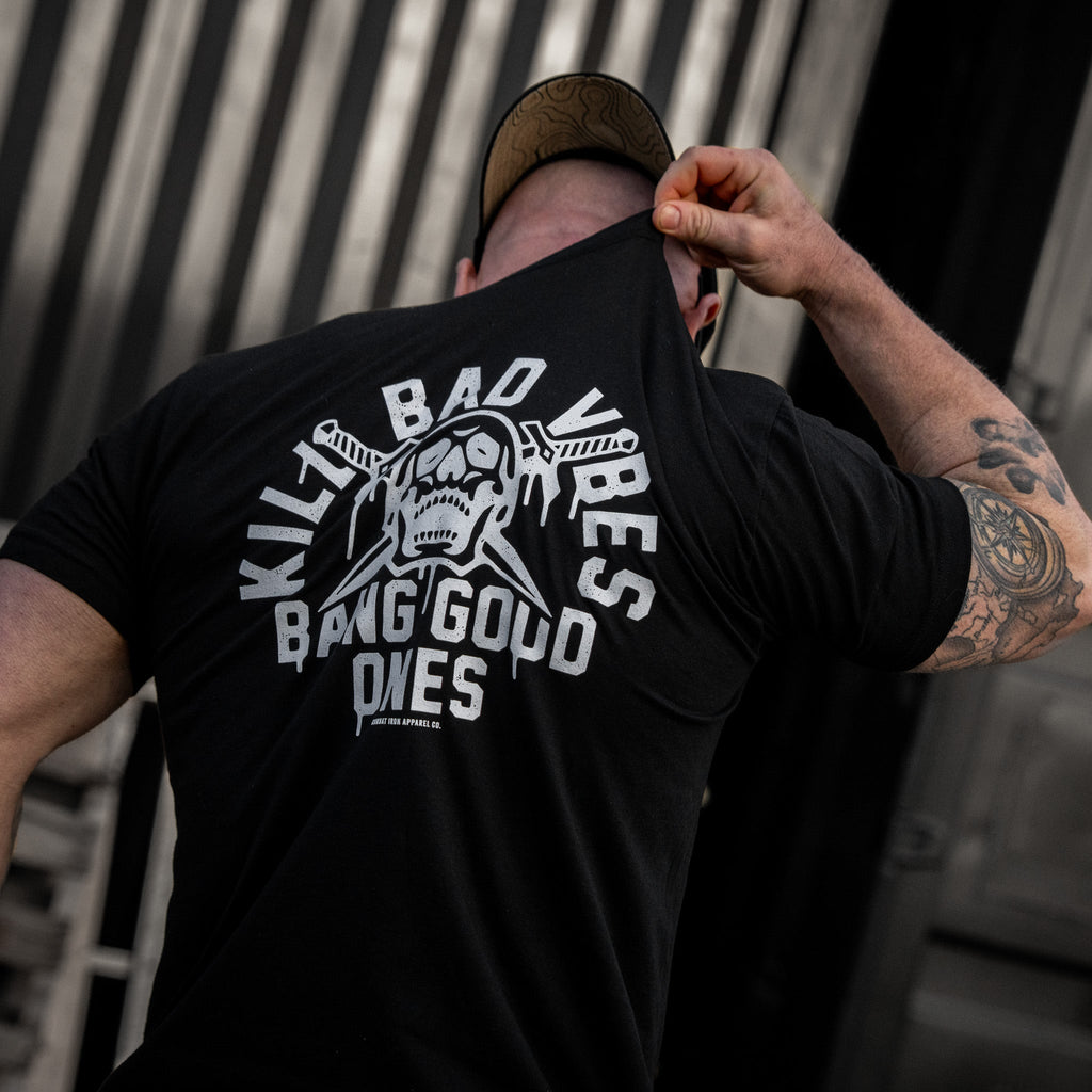Kill Bad Vibes. Bang Good Ones Skull Men's T-Shirt