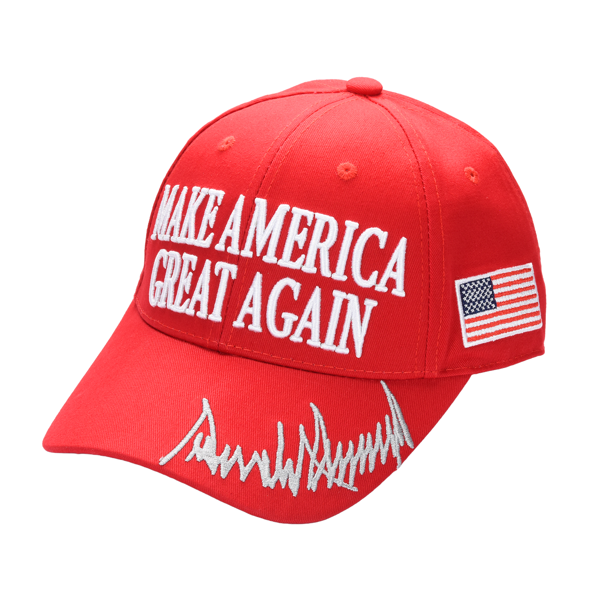 MAGA Baseball Cap with Silver Trump Signature Bill ‒ Patriotic Red Snapback Hat for Men & Women / Trump 45-47