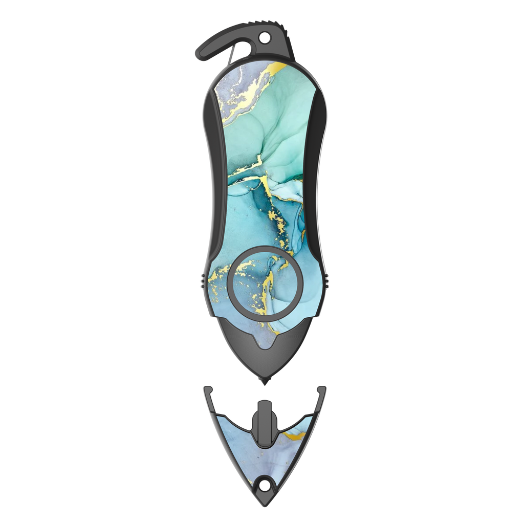 Personal Alarm Keychain Set: Safety Panic Alarm Siren, Seatbelt Cutter, Car Window Breaker, Wristlet Keychain, Contactless Key Tool, Pocket Flashlight (Green Marble)