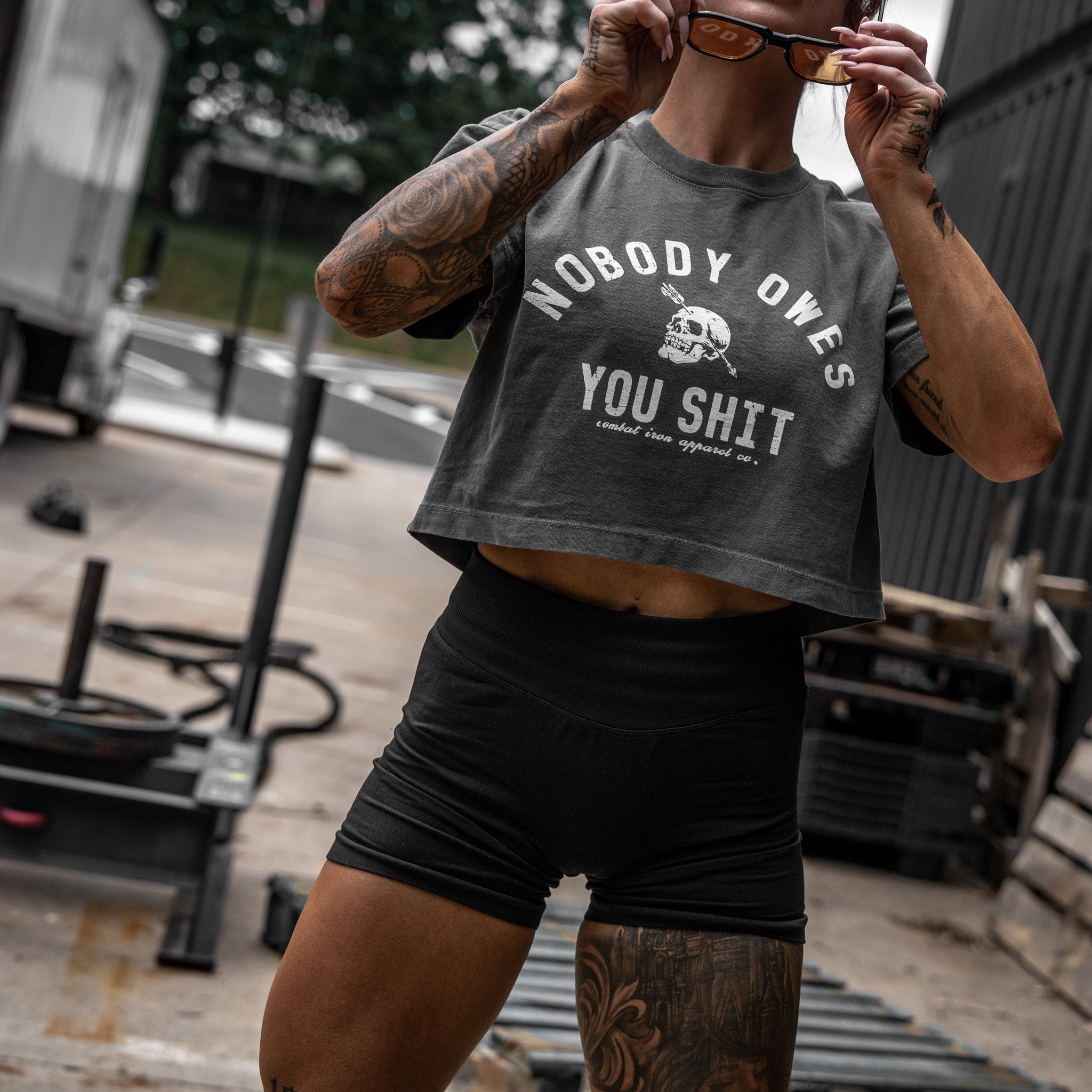 Nobody Owes You Shit Skull Women's Crop Heavyweight Tee