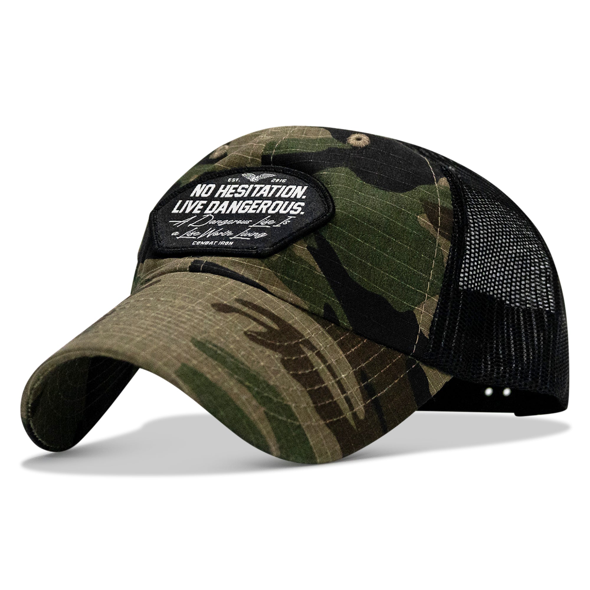 No Hesitation. Live Dangerous Patch Tactical Ripstop Mesh Snapback Hat