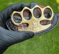 Handmade Engraved Brass Knuckles with Belt Loop Leather Case – Solid Brass EDC for Self Defense