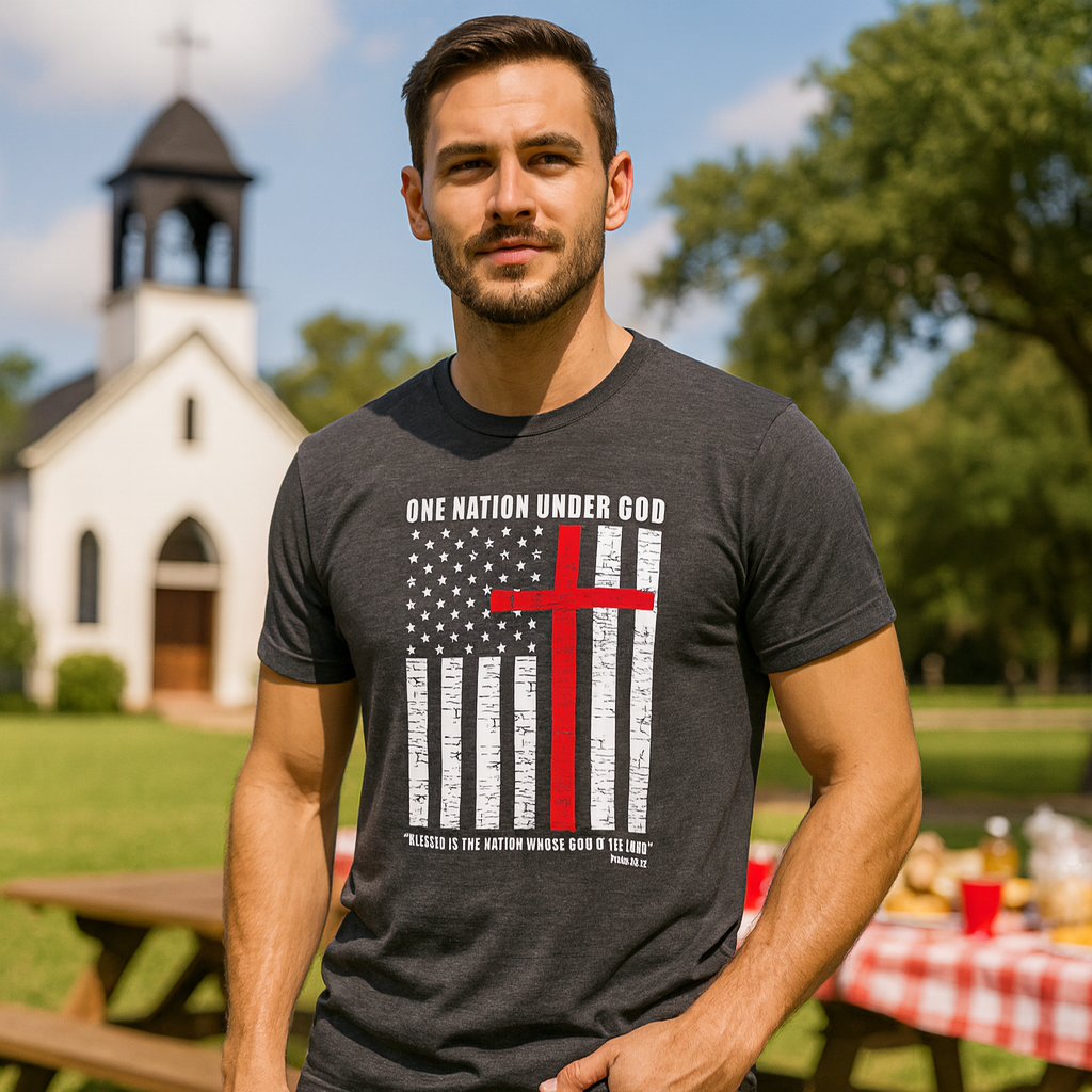 One Nation Under God Patriotic Cross Flag T-Shirt • Christian Flag Tee American Faith Apparel