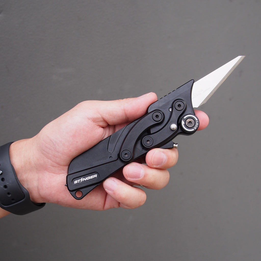 Stinger Olfa Evolution Blade with Leather Pouch, Folding Pocket Knife, Utility Knife - Matte Black