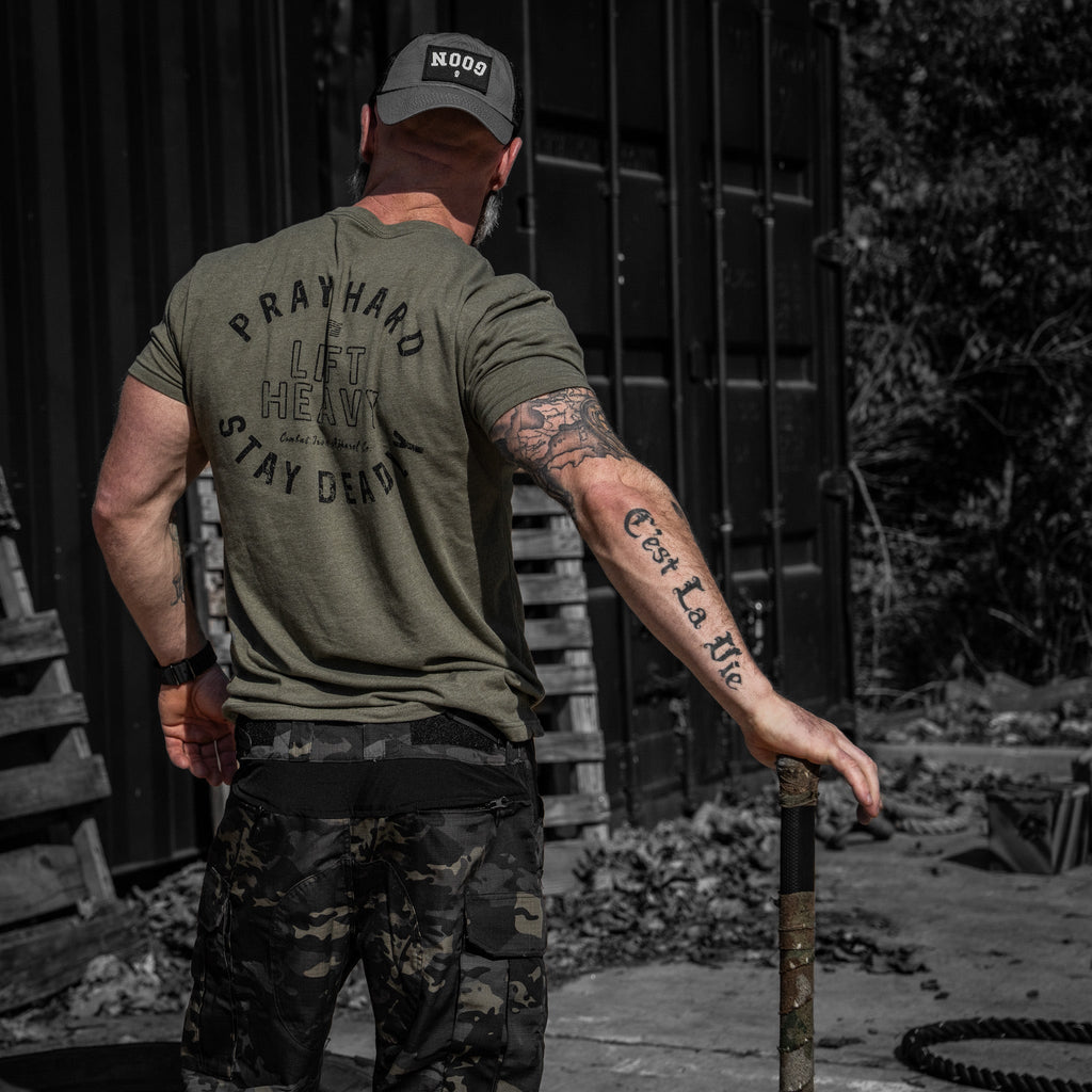 Pray Hard. Lift Heavy. Stay Deadly. Men's T-Shirt