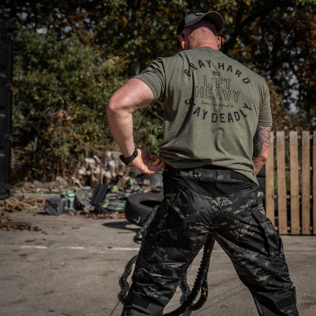 Pray Hard. Lift Heavy. Stay Deadly. Men's T-Shirt