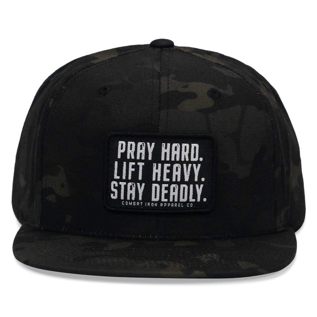 Pray Hard. Lift Heavy. Stay Deadly. Flat Bill SnapBack Hat