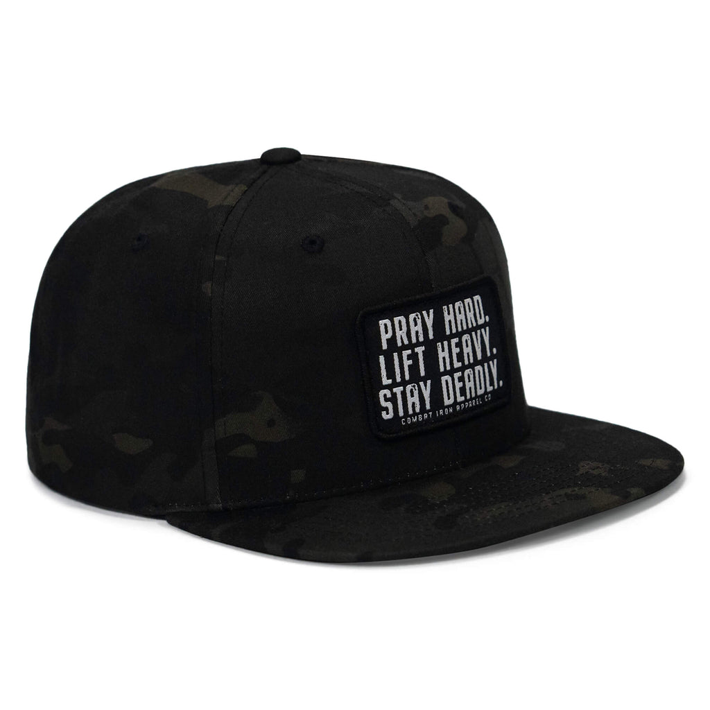Pray Hard. Lift Heavy. Stay Deadly. Flat Bill SnapBack Hat