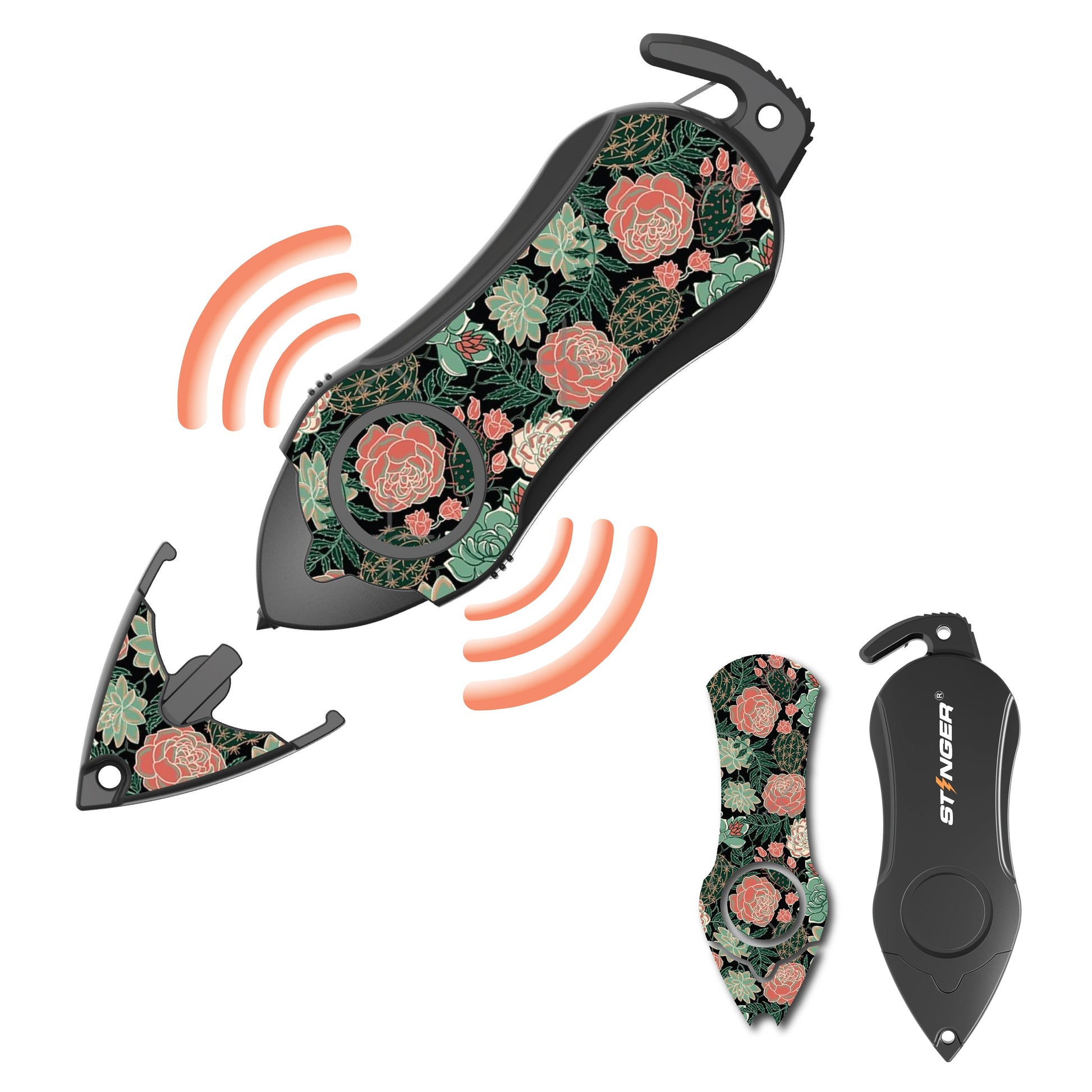 Stinger Personal Safety Alarm Keychain Emergency Tool: Siren Alarm, Seat Belt Cutter, Glass Breaker (Green Flower)