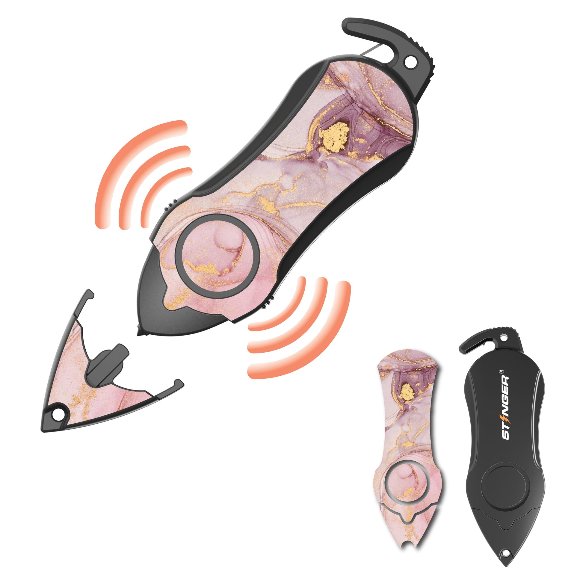 Personal Alarm Keychain Set: Safety Panic Alarm Siren, Seatbelt Cutter, Car Window Breaker, Wristlet Keychain, Contactless Key Tool, Pocket Flashlight (Pink Marble)