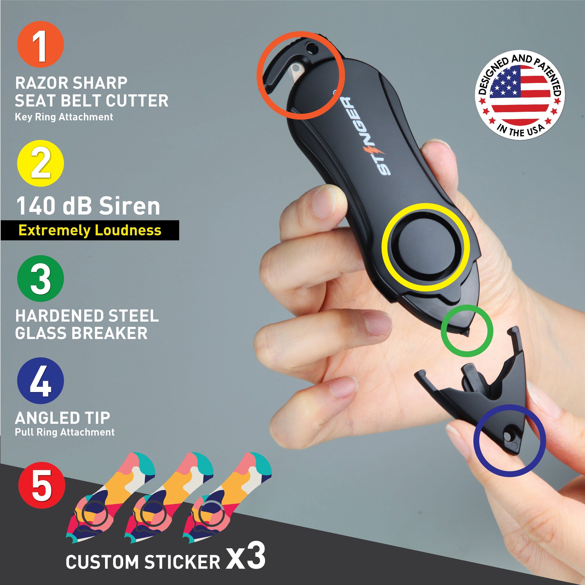 Stinger Personal Safety Alarm Keychain Emergency Tool: Siren Alarm, Seat Belt Cutter, Glass Breaker (Colorful)