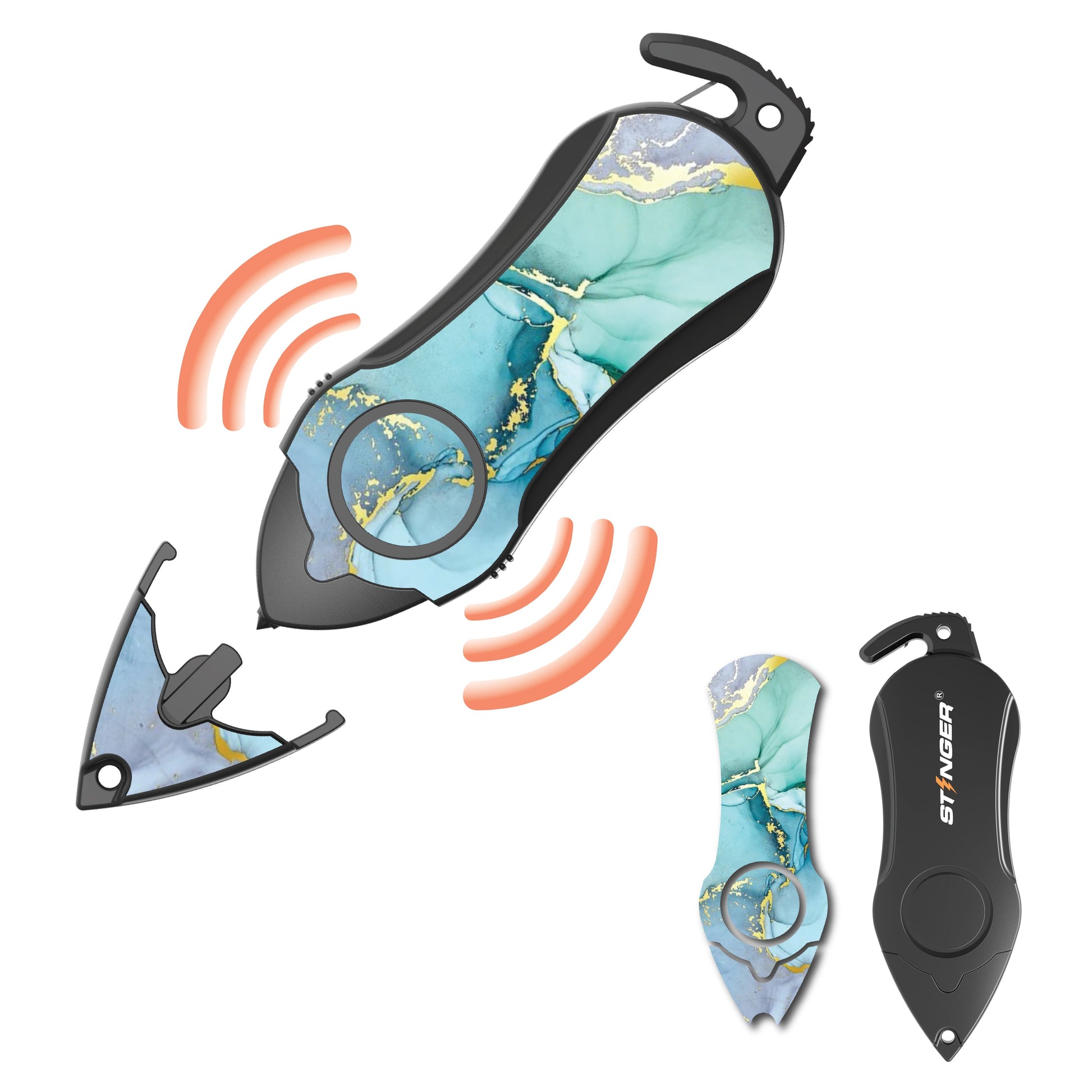 Personal Alarm Keychain Set: Safety Panic Alarm Siren, Seatbelt Cutter, Car Window Breaker, Wristlet Keychain, Contactless Key Tool, Pocket Flashlight (Green Marble)