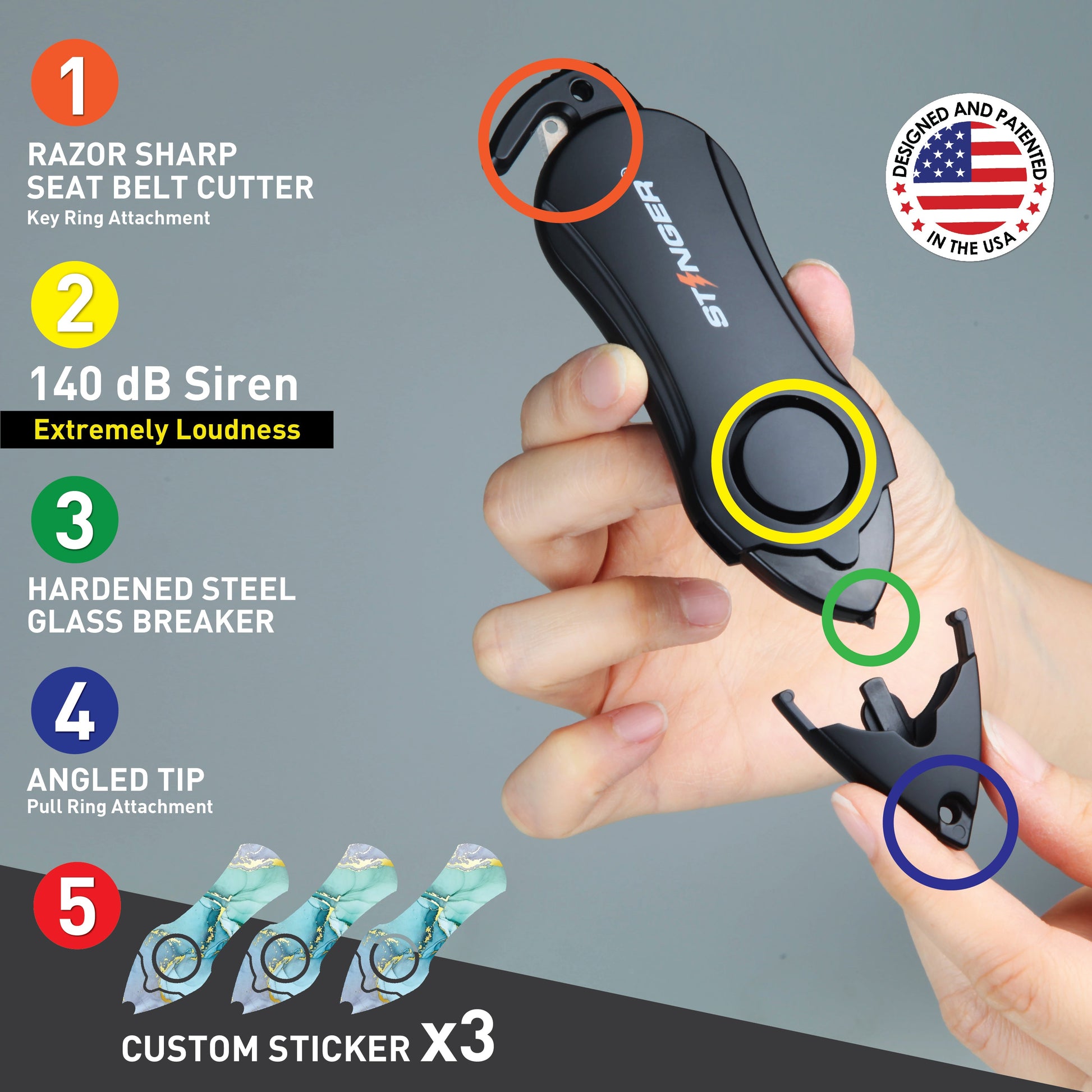Personal Alarm Keychain Set: Safety Panic Alarm Siren, Seatbelt Cutter, Car Window Breaker, Wristlet Keychain, Contactless Key Tool, Pocket Flashlight (Green Marble)