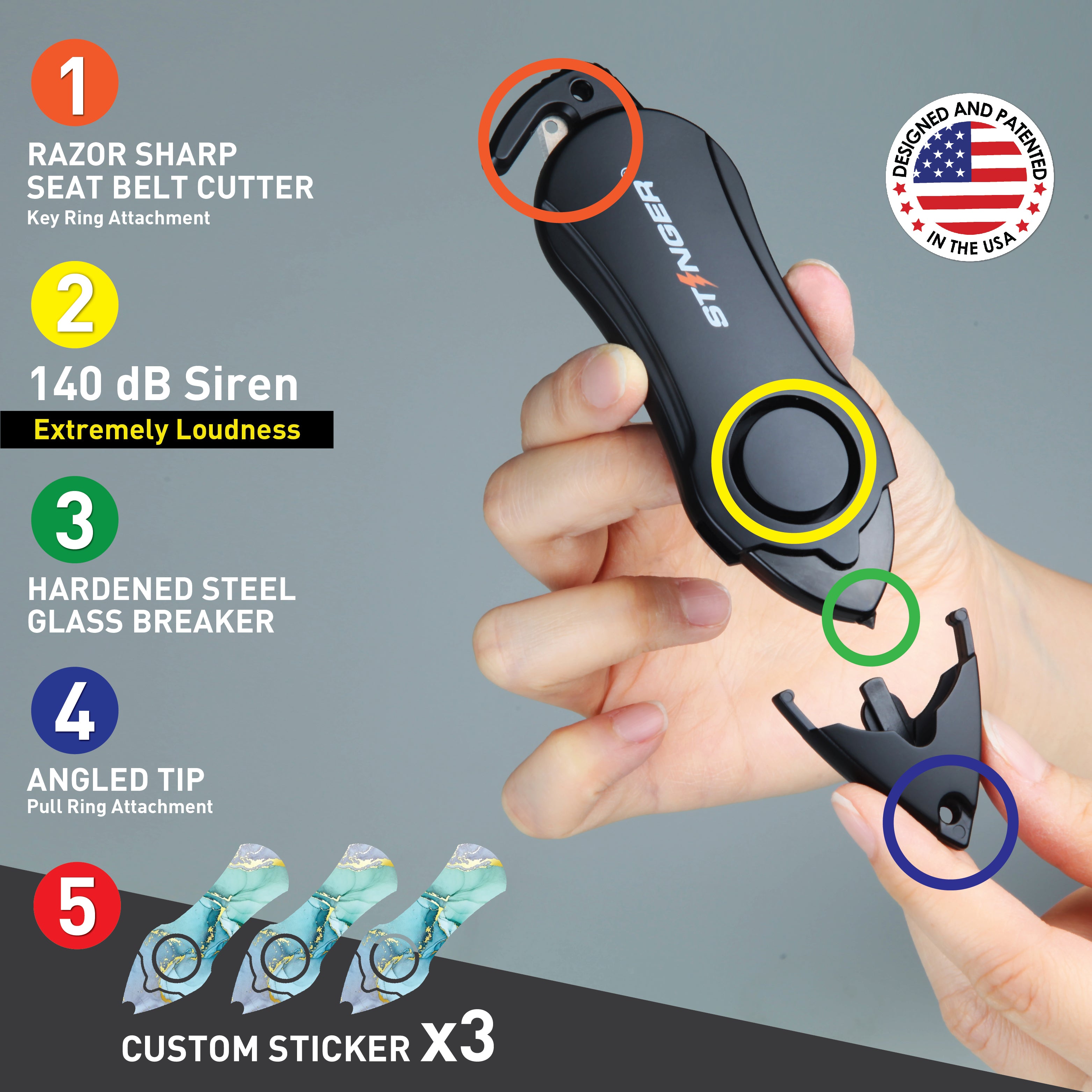 Personal Alarm Keychain Set: Safety Panic Alarm Siren, Seatbelt Cutter, Car Window Breaker, Wristlet Keychain, Contactless Key Tool, Pocket Flashlight (Green Marble)