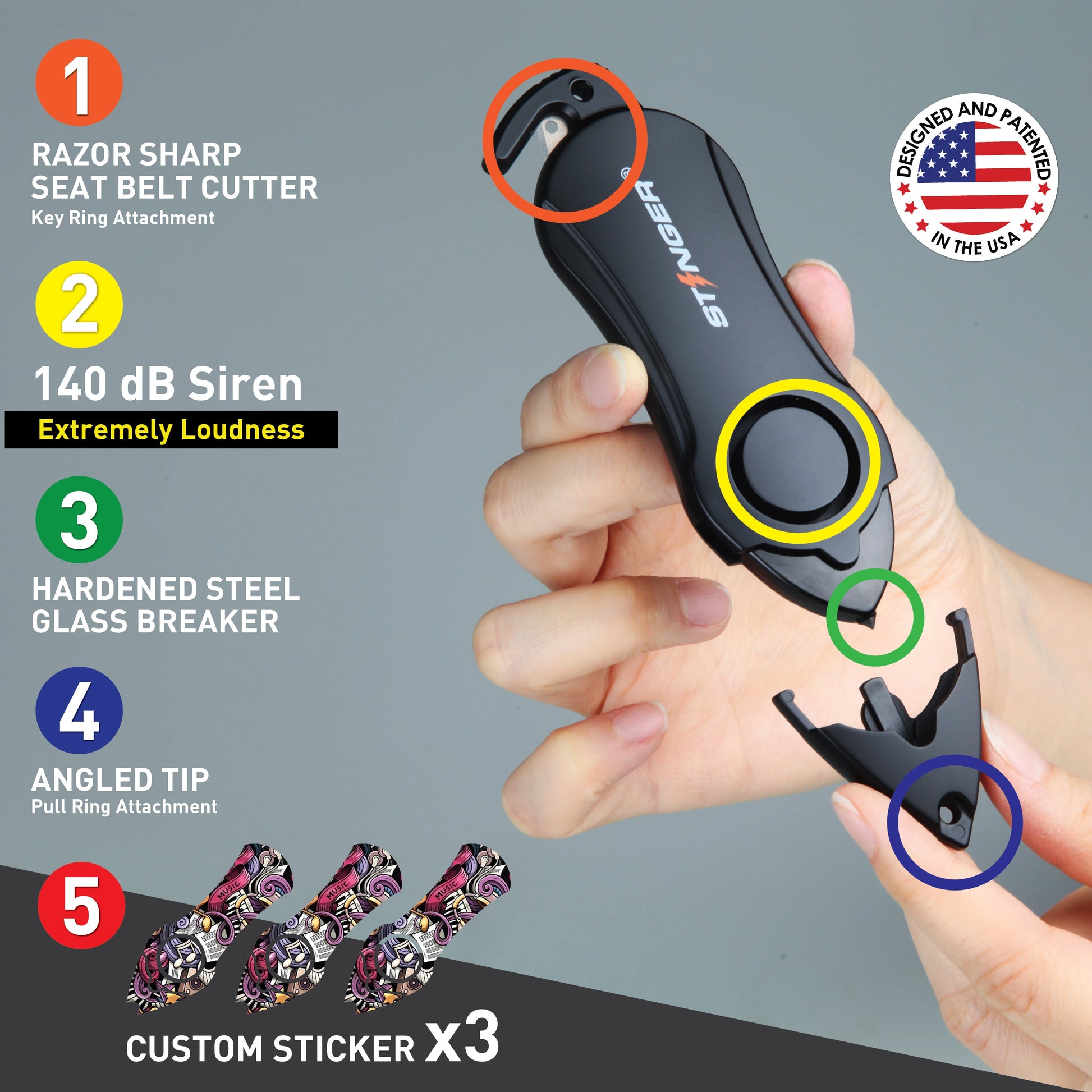 Stinger Personal Safety Alarm Keychain Emergency Tool: Siren Alarm, Seat Belt Cutter, Glass Breaker (Music)