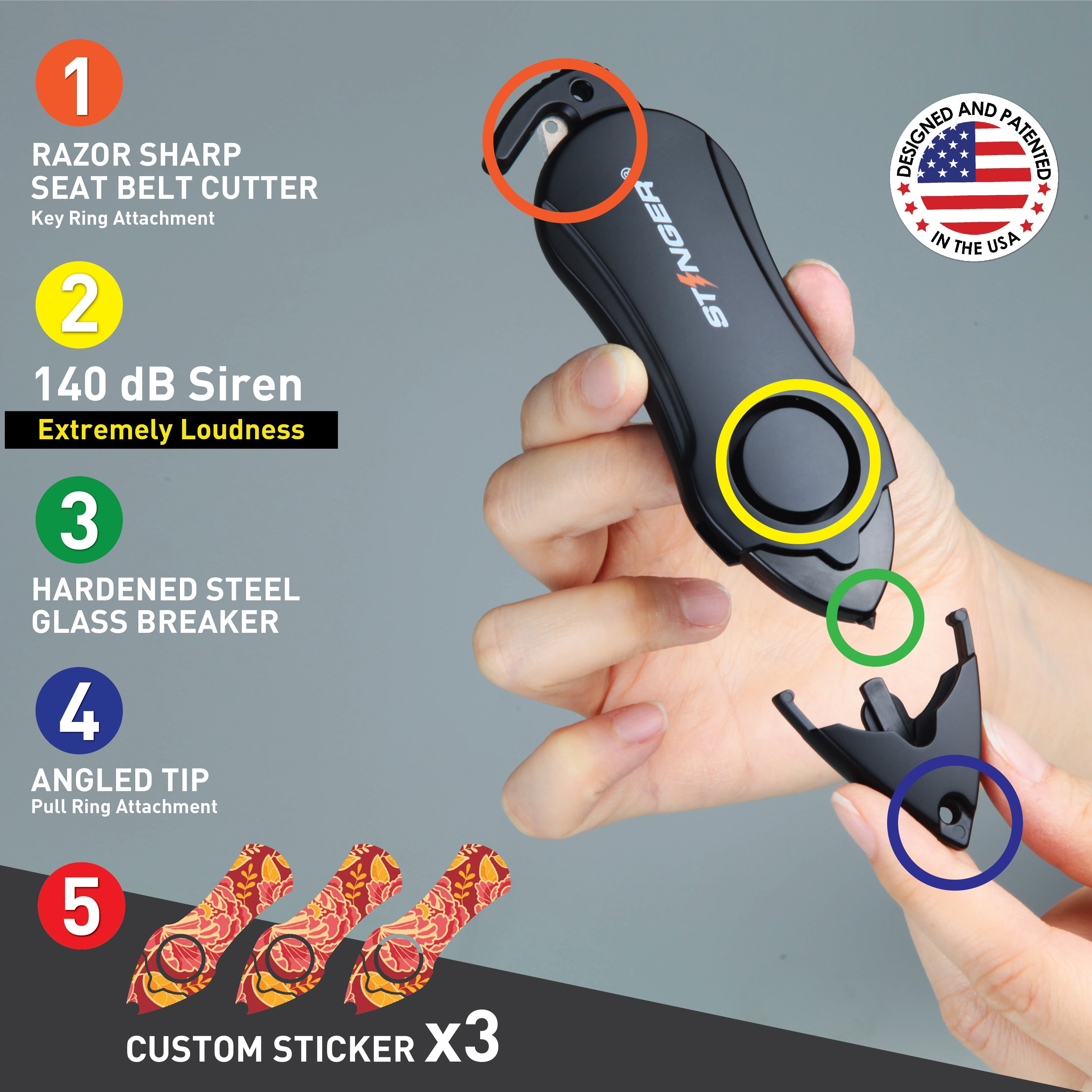 Stinger Personal Safety Alarm Keychain Emergency Tool: Siren Alarm, Seat Belt Cutter, Glass Breaker (Peony)