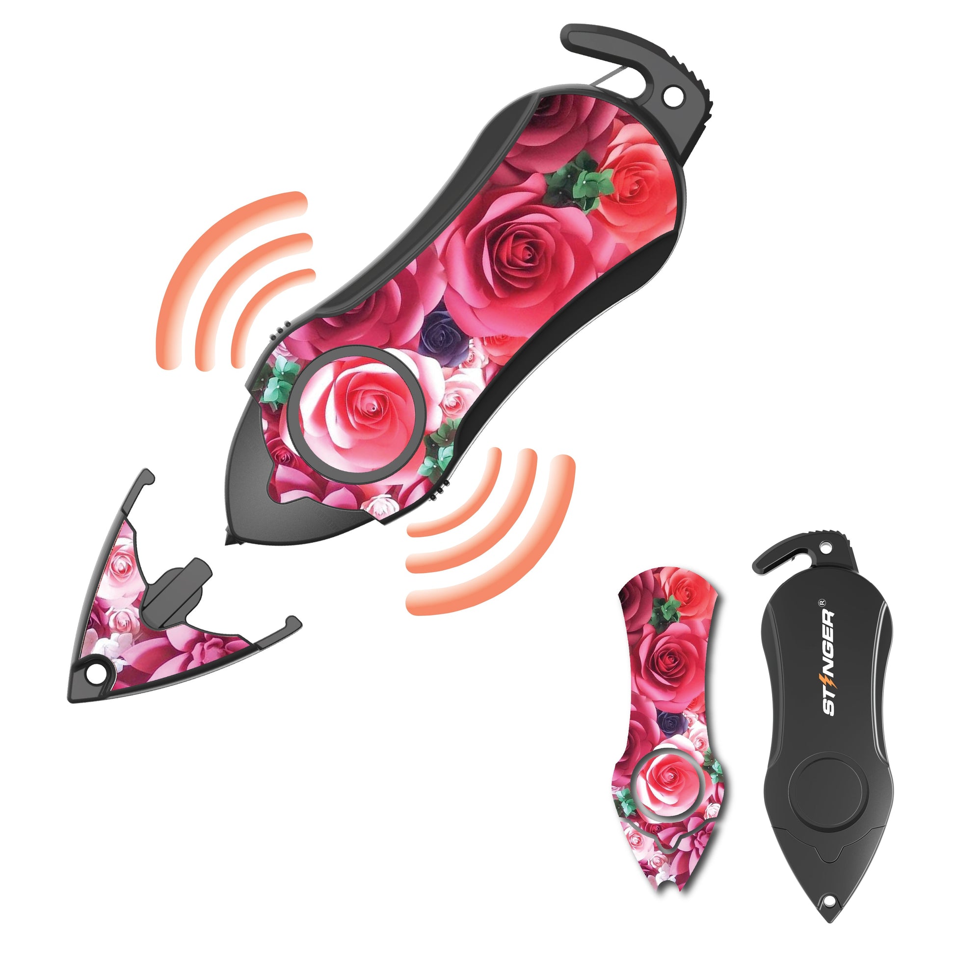 Stinger Personal Safety Alarm Keychain Emergency Tool: Siren Alarm, Seat Belt Cutter, Glass Breaker (Pink Rose)