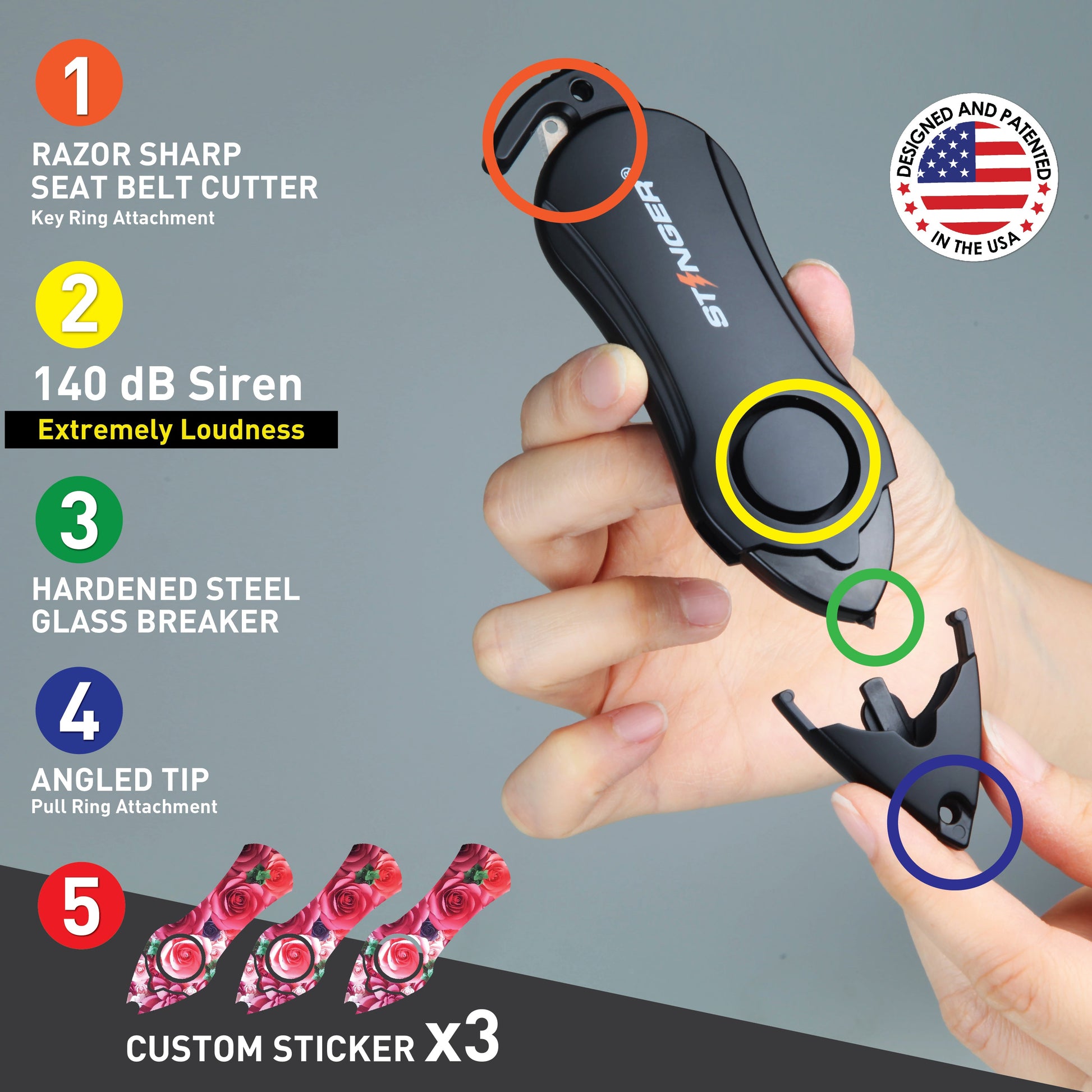 Stinger Personal Safety Alarm Keychain Emergency Tool: Siren Alarm, Seat Belt Cutter, Glass Breaker (Pink Rose)