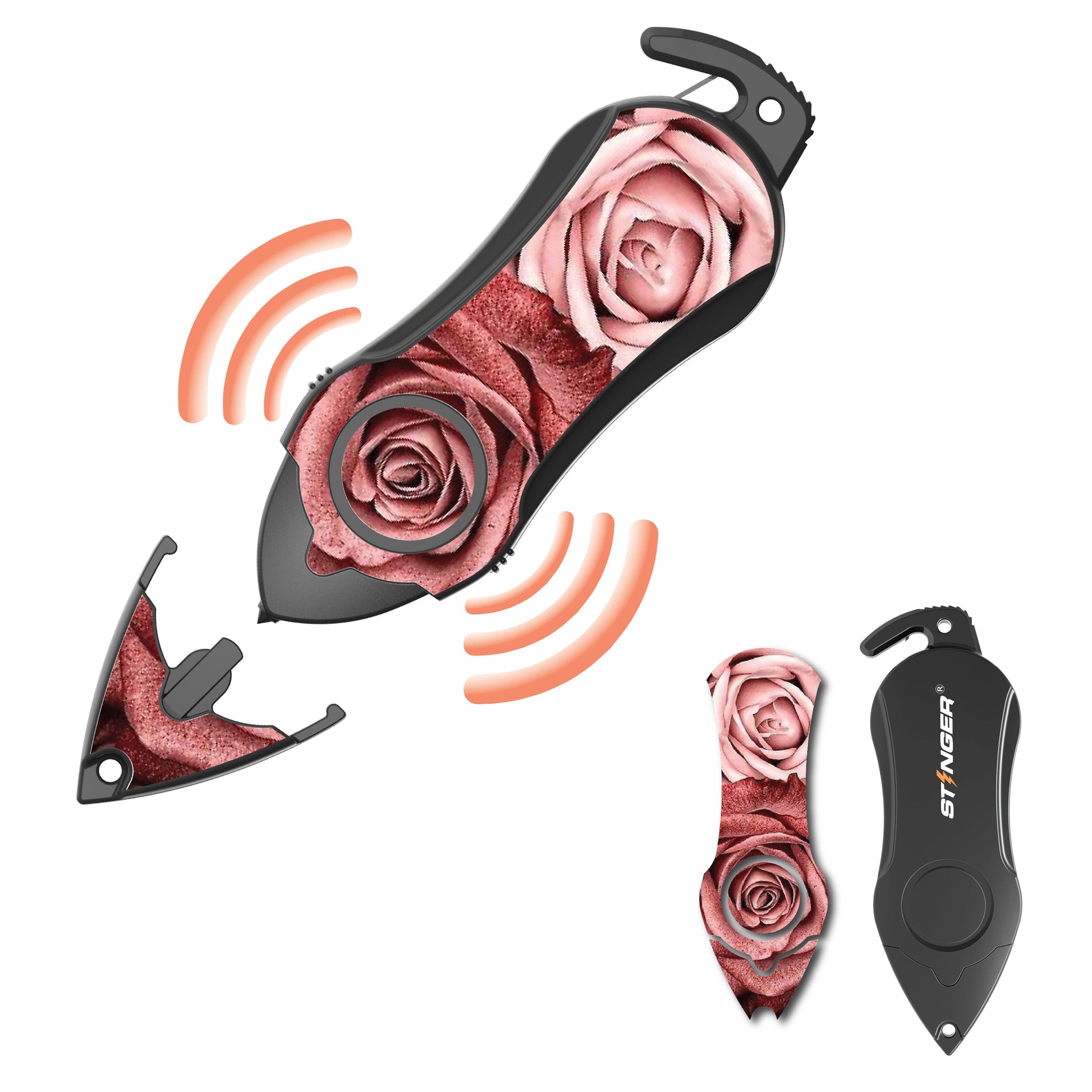 Stinger Personal Safety Alarm Keychain Emergency Tool: Siren Alarm, Seat Belt Cutter, Glass Breaker (Twin Rose)
