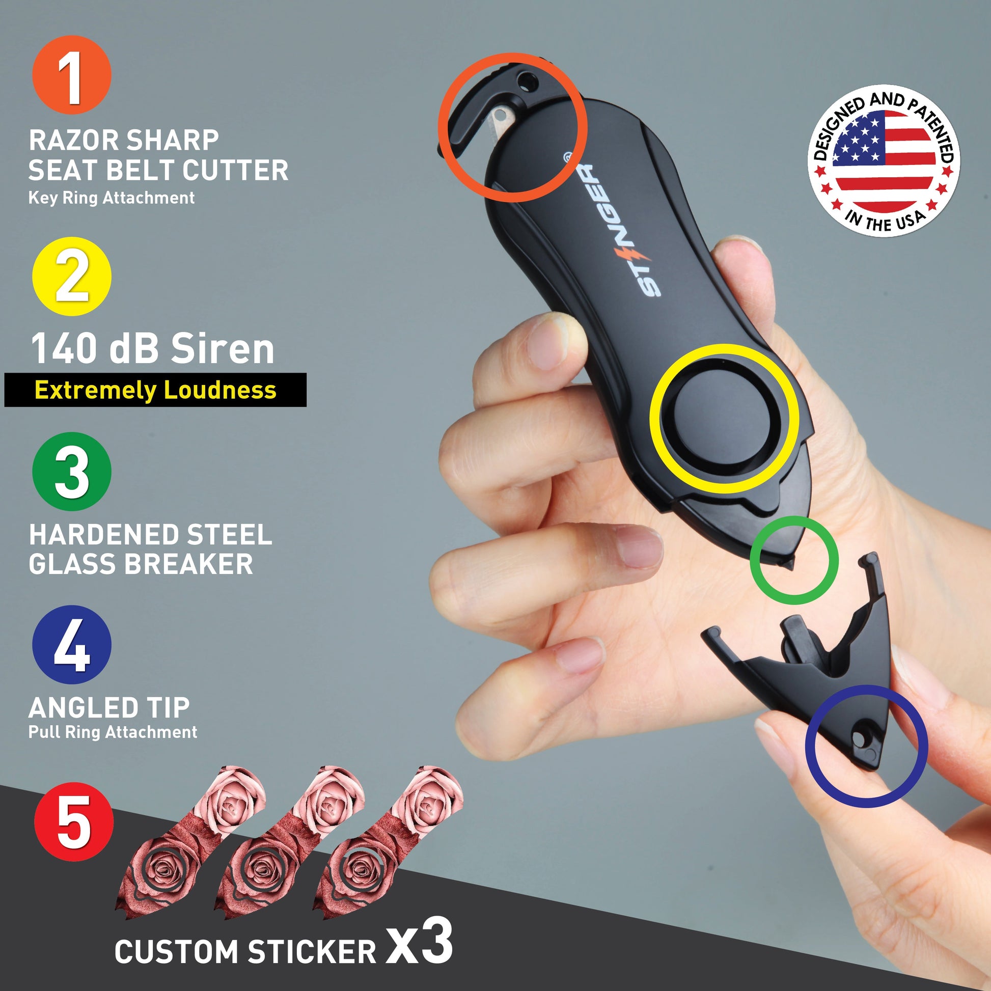 Stinger Personal Safety Alarm Keychain Emergency Tool: Siren Alarm, Seat Belt Cutter, Glass Breaker (Twin Rose)