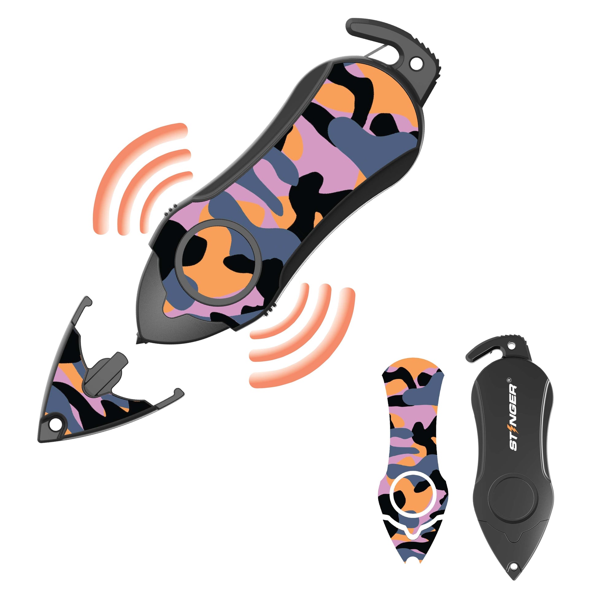 Stinger Personal Safety Alarm Keychain Emergency Tool: Siren Alarm, Seat Belt Cutter, Glass Breaker (Camouflage Purple)