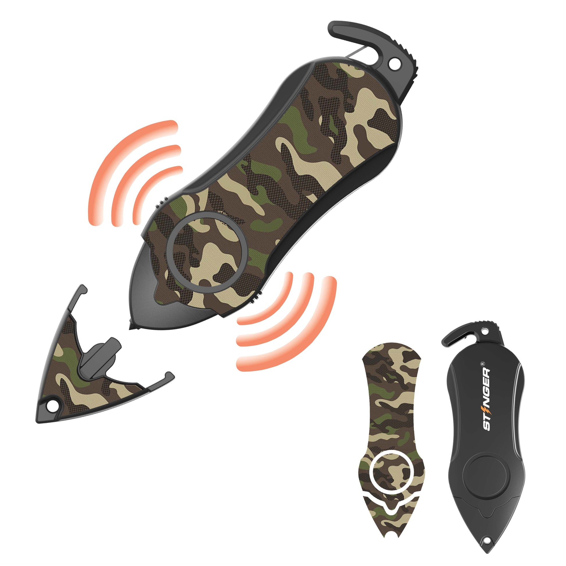 Stinger Personal Safety Alarm Keychain Emergency Tool: Siren Alarm, Seat Belt Cutter, Glass Breaker (Camouflage Green)