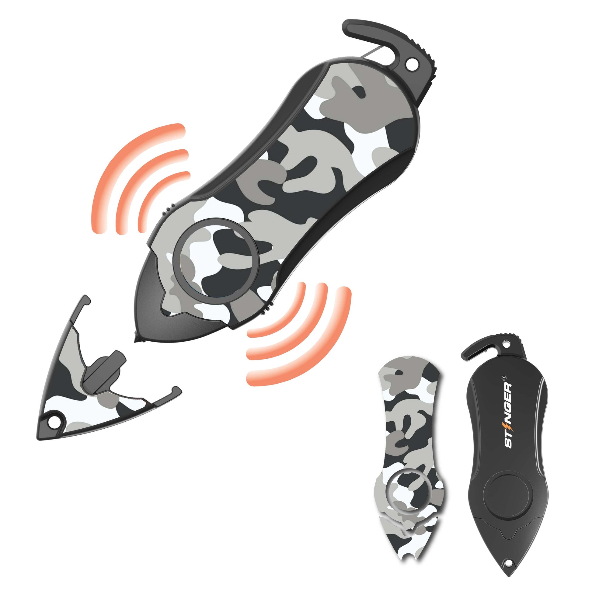 Stinger Personal Safety Alarm Keychain Emergency Tool: Siren Alarm, Seat Belt Cutter, Glass Breaker (Camouflage Black)