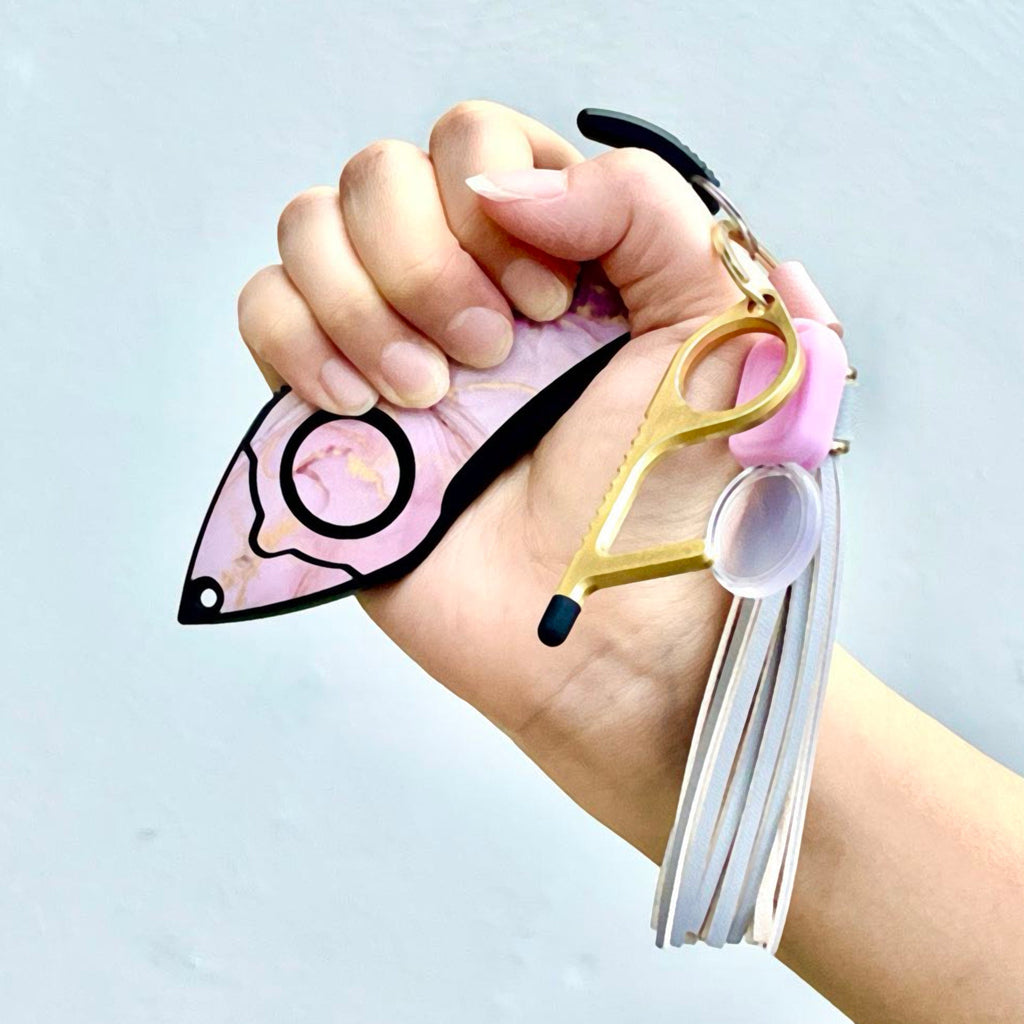 Personal Alarm Keychain Set: Safety Panic Alarm Siren, Seatbelt Cutter, Car Window Breaker, Wristlet Keychain, Contactless Key Tool, Pocket Flashlight (Pink Marble)