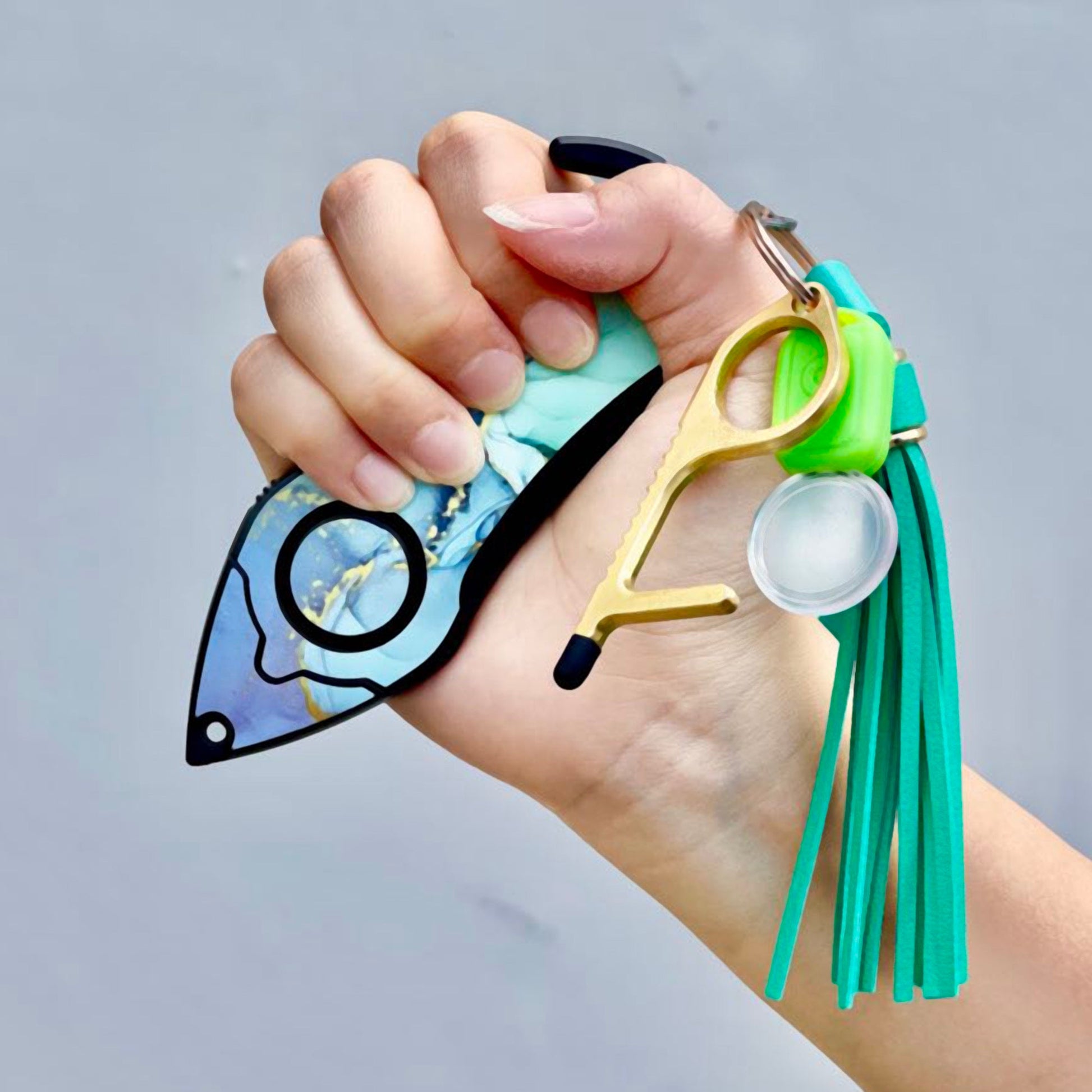 Personal Alarm Keychain Set: Safety Panic Alarm Siren, Seatbelt Cutter, Car Window Breaker, Wristlet Keychain, Contactless Key Tool, Pocket Flashlight (Green Marble)