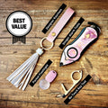 Personal Alarm Keychain Set: Safety Panic Alarm Siren, Seatbelt Cutter, Car Window Breaker, Wristlet Keychain, Contactless Key Tool, Pocket Flashlight (Pink Marble)