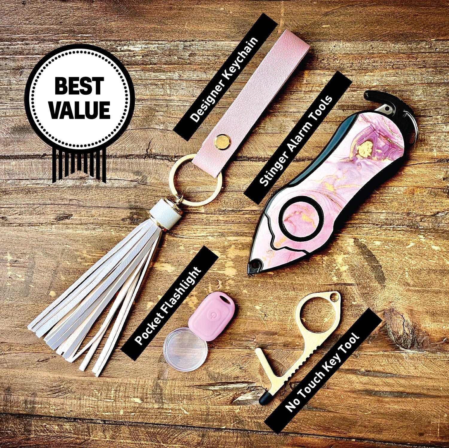 Personal Alarm Keychain Set: Safety Panic Alarm Siren, Seatbelt Cutter, Car Window Breaker, Wristlet Keychain, Contactless Key Tool, Pocket Flashlight (Pink Marble)