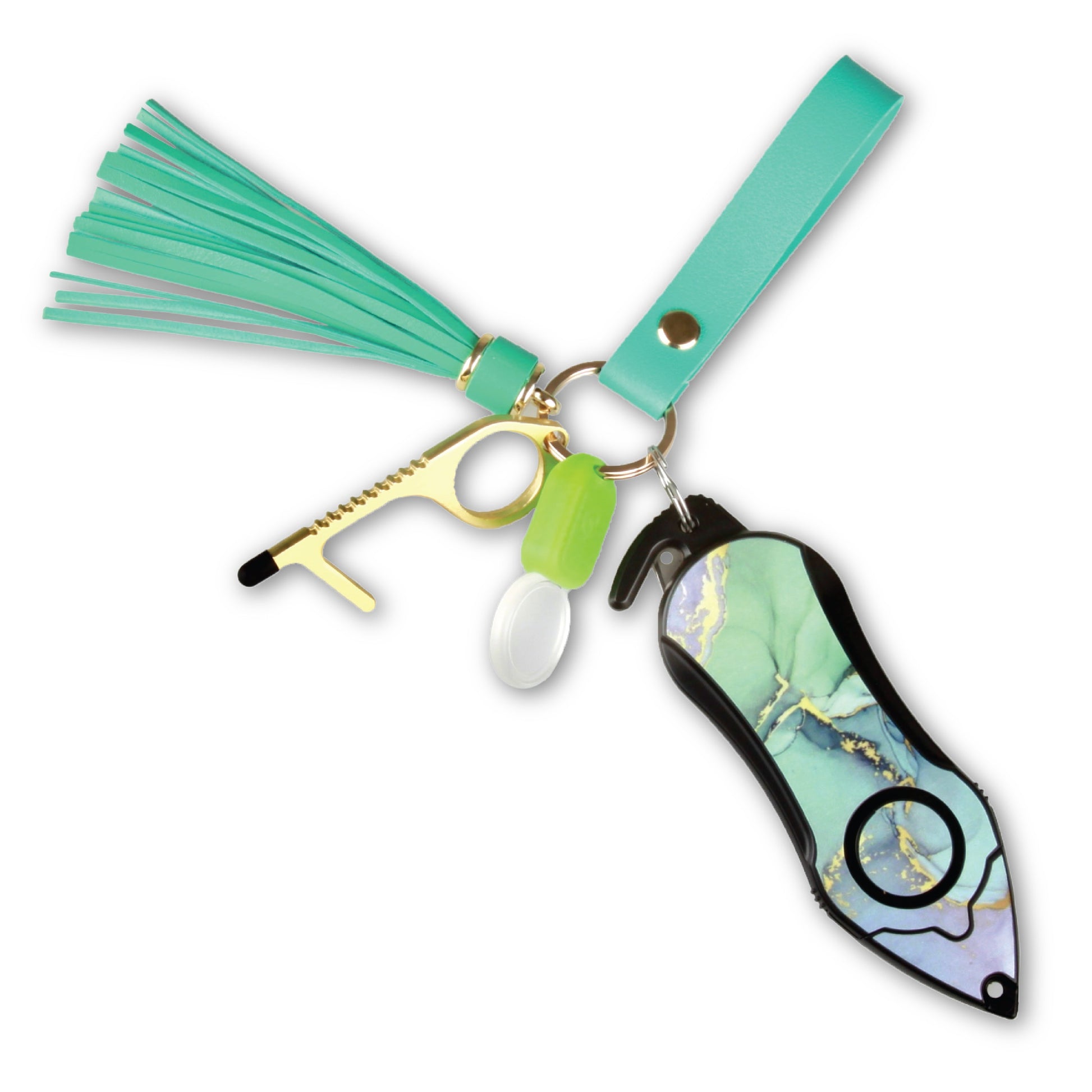 Personal Alarm Keychain Set: Safety Panic Alarm Siren, Seatbelt Cutter, Car Window Breaker, Wristlet Keychain, Contactless Key Tool, Pocket Flashlight (Green Marble)