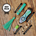 Personal Alarm Keychain Set: Safety Panic Alarm Siren, Seatbelt Cutter, Car Window Breaker, Wristlet Keychain, Contactless Key Tool, Pocket Flashlight (Green Marble)