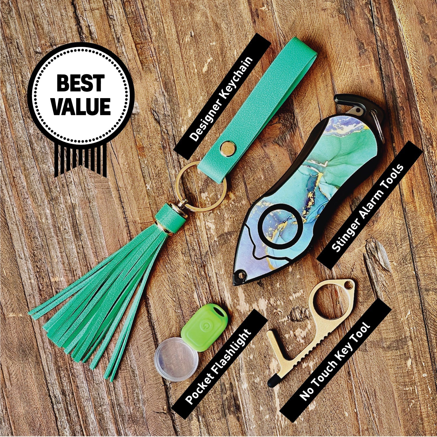Personal Alarm Keychain Set: Safety Panic Alarm Siren, Seatbelt Cutter, Car Window Breaker, Wristlet Keychain, Contactless Key Tool, Pocket Flashlight (Green Marble)